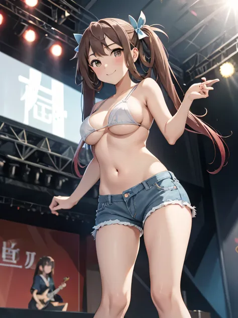 Asagumo KC, (hair) ribbon, nude, big breasts, underwear, white brassiere:1.2, denim shorts, shoes, 長hair, twin tails, 茶hair, full body shot, Low - Angle, smile, front, (outdoor, outdoor stage, on stage, audience),