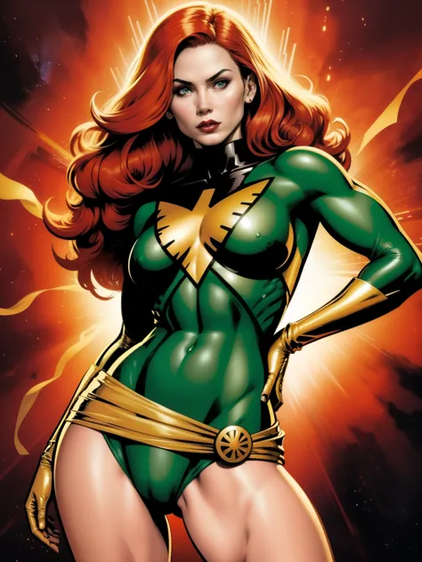 (((A comic style, cartoon art))), A comic book-style image of Jean Grey in dynamic sexy pose, with her as the central figure. She is standing with her hands on her hips, looking straight ahead with determination. She wears a green and gold outfit, (((Hot b...