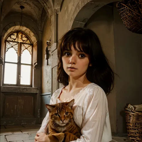 illustration for a fairy tale about a girl with dark hair and a red tabby cat