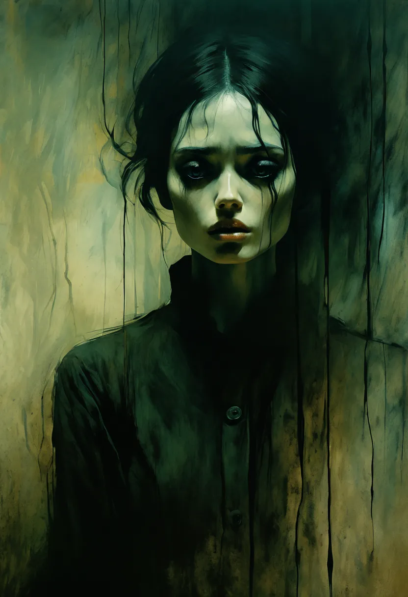 Beautiful cinematic impressionistic painting, Dark Gloomy Creepy Character, in the style of Jeremy Mann and Charles Dana Gibson,...