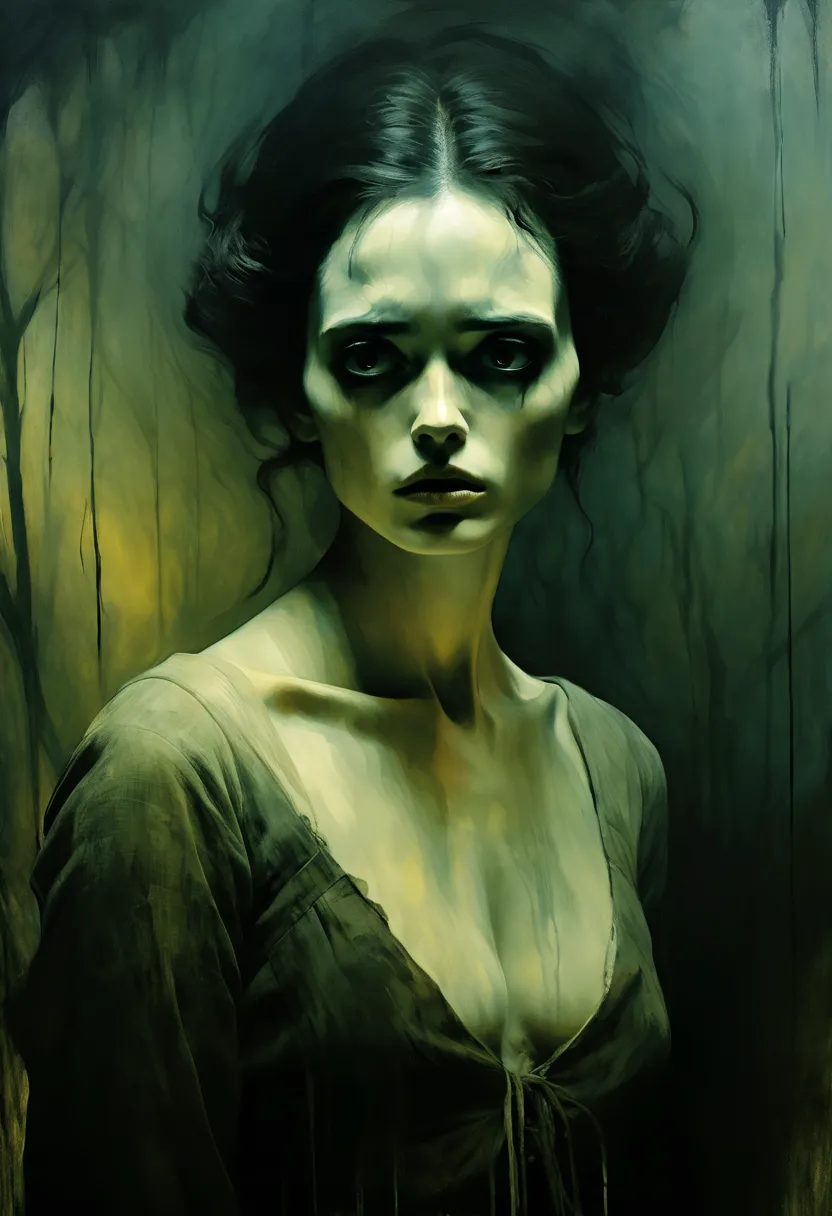 Beautiful cinematic impressionistic painting, Dark Gloomy Creepy Character, in the style of Jeremy Mann and Charles Dana Gibson,...