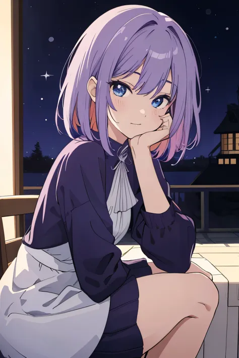 scene view,null,anime style, house light ,night,headrest, intense angle, curtsey,(light purple hair)、(web hair)、medium hair、spar...