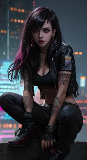 a woman with tattoos sitting on a ledge in a city, jet black haired garota ciberpunk, fantasia sombria cyberpunk sedutora, garot...