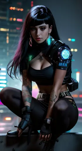 a woman with tattoos sitting on a ledge in a city, jet black haired garota ciberpunk, fantasia sombria cyberpunk sedutora, garot...