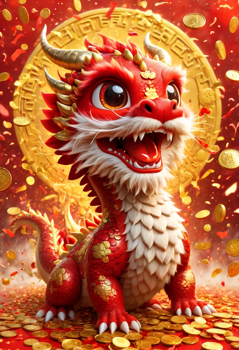 Chinese illustration：cute，Oriental dragon portrait，big furry head，hairy body，Many gold coins burst out from firecrackers，Red and gold confetti flying in the sky，Gold coin rain，A strong festive atmosphere，It was lively。