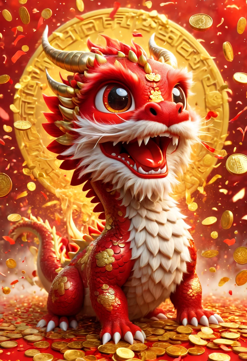 ilustración china：lindo，Retrato de dragón oriental，gran cabeza peluda，cuerpo peludo，Muchas monedas de oro estallaron de los petardos.，Confeti rojo y dorado volando en el cielo，lluvia de monedas de oro，Un fuerte ambiente festivo，estaba animado。