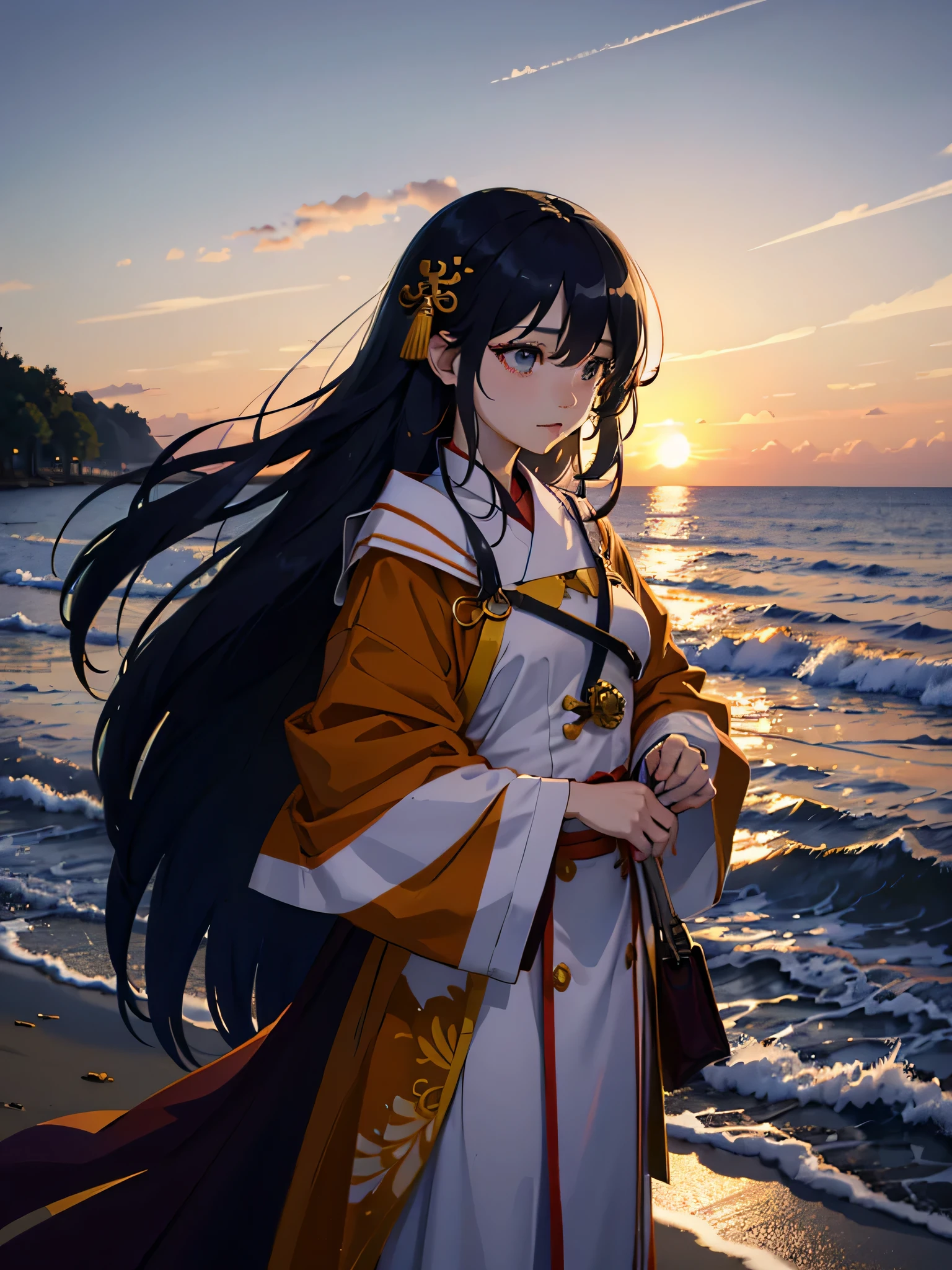 Sunset，There was a woman standing on the beach, with Sunset, Queen of the Sea Mu Yanling, under the beautiful Sunset, With the Sunset, at Sunset的海滩, Jiama Chan, xintong chen, Junko Eshima, louise zhang, Profile picture 1024px, at Sunset, leslie zhang, lofi girl, Lofi portrait