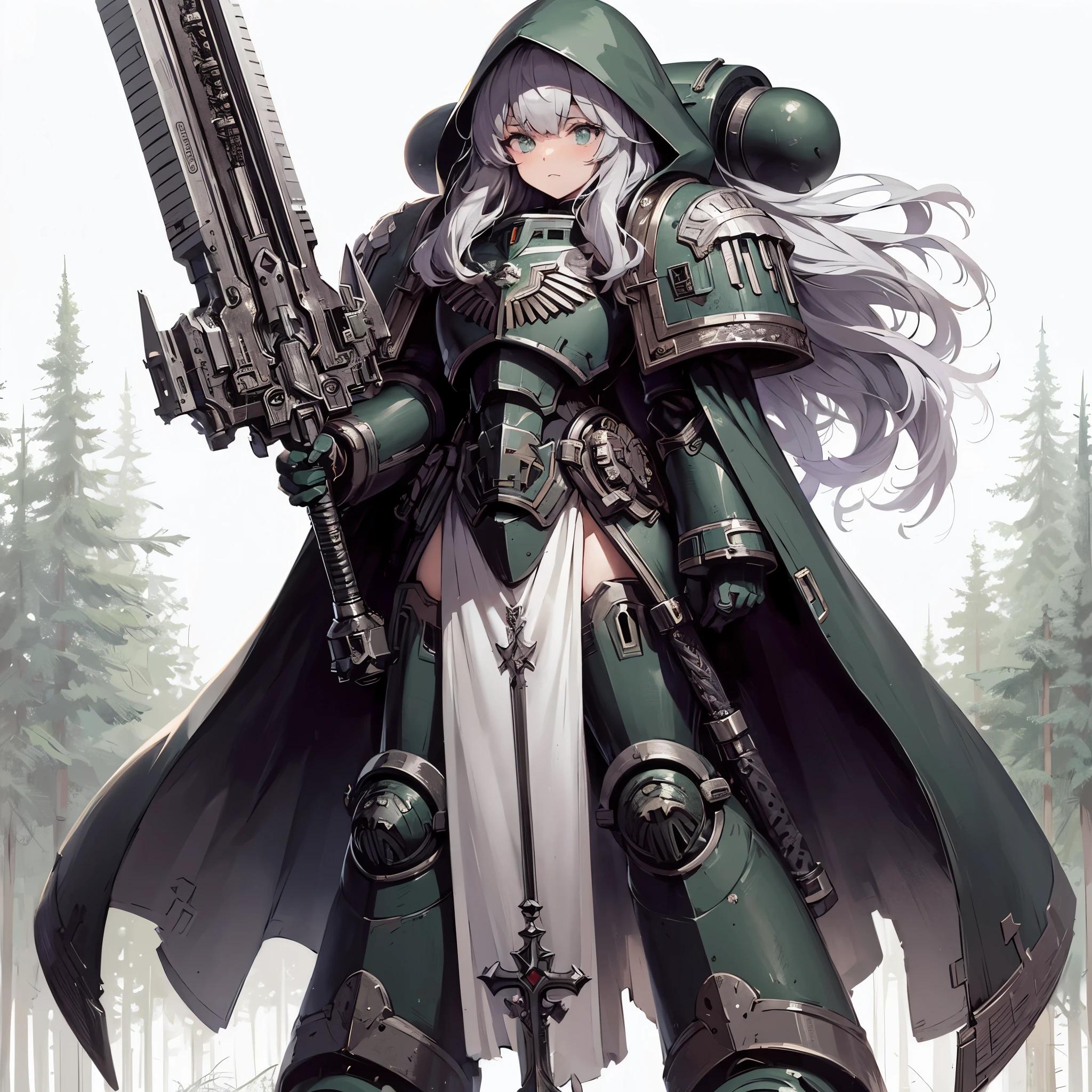 
Masterpiece, best quality, ultra-detailed, anime style, solo, full body of space marine girl, dark green power armor with white trim, gray silver hairstyle, hooded and robe, held huge two-handed sword, standing on forest, Warhammer 40K, 8k high resolution, trending art station, white background, whole body,
