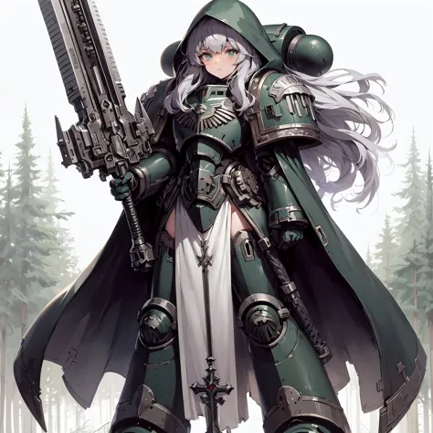 
Masterpiece, best quality, ultra-detailed, anime style, solo, full body of space marine girl, dark green power armor with white...