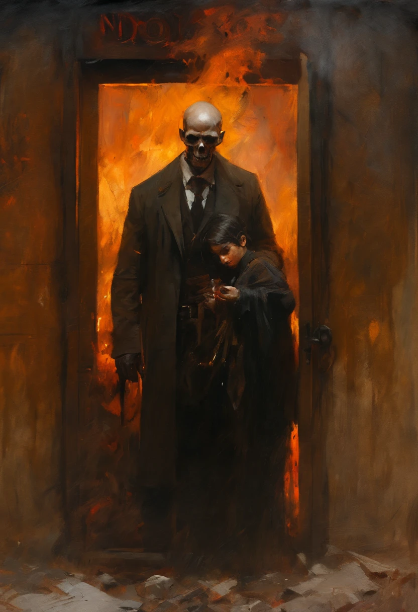 Necronomicon (Key to the Gates of Hell, Book of Evil, Book of the Dead) best quality. Beautiful cinematic impressionistic painting, Dark dramatic character, in the style of Jeremy Mann and Charles Dana Gibson, Mark Demsteader, Paul Hedley