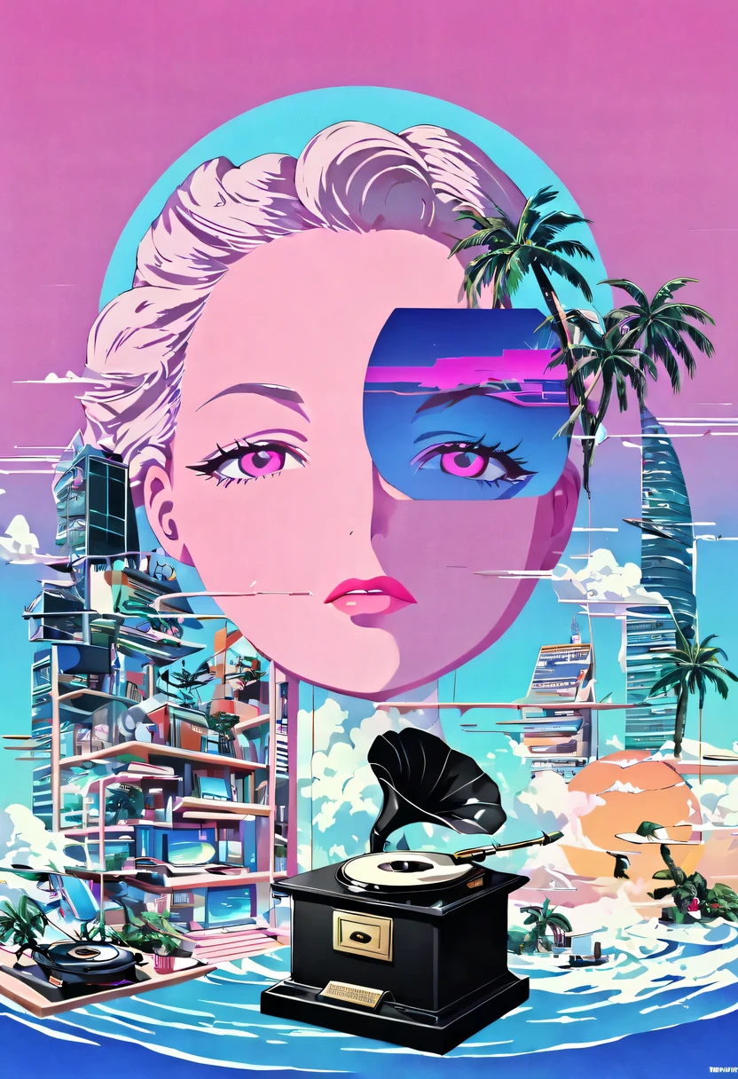(vaporwave grotesque aesthetic:1.8),High saturation color,David bust sculpture head and body separated, double contact, Commodity Ocean News,High saturation color,futuristic city, English title，fantasy, matrix, desert, ocean,Close-up of High quality gramophone,coconut tree,24th century,Strong psychedelic colors and retro-future decadence,distressed and stylized, illusory、Collage、No order，dystopian、lo-fi、sample fusion jazigital、chip tune、Fault art、futuristic、High quality、dematerialized art、retro tech、Surrealism,vaporwave nostalgia, very vaporwave, maximalist vaporwave, vaporwave, vaporwave!, vaporwave aesthetics, cyberpunk vaporwave, 90s aesthetic, vaporwave art, 90s aesthetic, 90's aesthetic, hip hop vaporwave, vaporwave aesthetic, vaporwave cartoon,