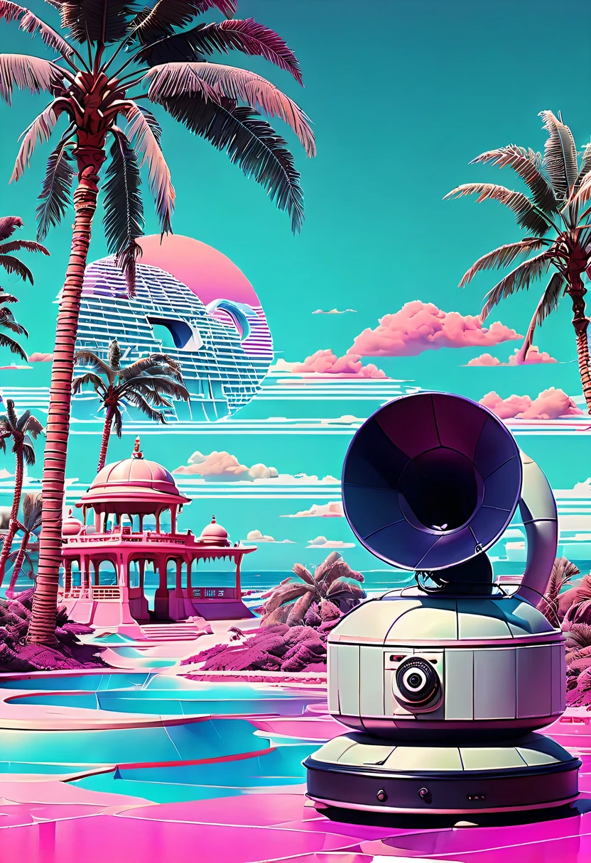 (vaporwave aesthetics:1.8)，futuristic city, English title，fantasy, matrix, desert, ocean, Chinese pavilions,Close-up of vintage gramophone,coconut tree,24th century,Strong psychedelic colors and retro-future decadence,distressed and stylized, illusory、Collage、No order，dystopian、Lo-Fi、