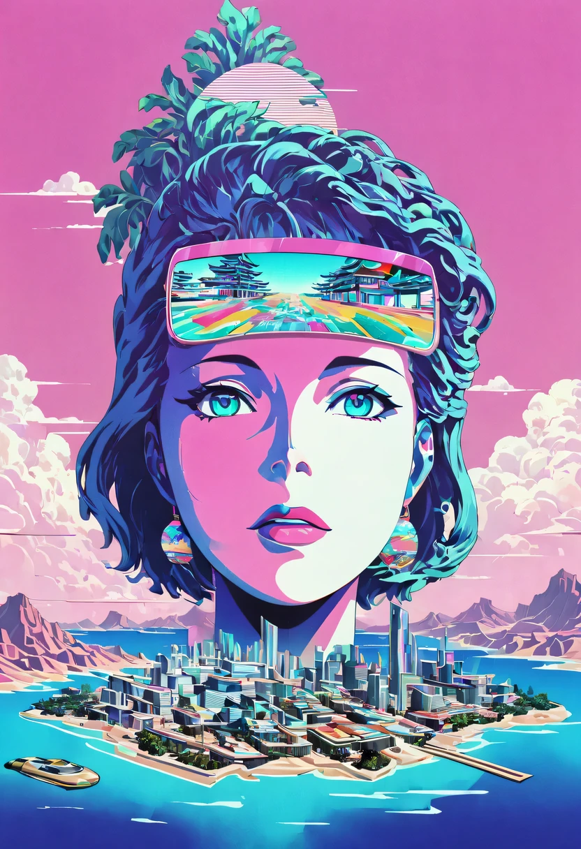 vaporwave grotesque aesthetic,High saturation color,David bust sculpture head and body separated,  double contact, Commodity Ocean News,High saturation color,futuristic city, English title，fantasy, matrix, desert, ocean, Chinese pavilions,Retro screen close-up,coconut tree,24th century,Strong psychedelic colors and retro-future decadence,distressed and stylized, illusory、Collage、No order，dystopian、lo-fi、sample fusion jazigital、chip tune、Fault art、futuristic、High quality、dematerialized art、retro tech、Surrealism,vaporwave nostalgia, very vaporwave, maximalist vaporwave, vaporwave, vaporwave!, vaporwave aesthetics, cyberpunk vaporwave, 90s aesthetic, vaporwave art, 90s aesthetic, 90's aesthetic, hip hop vaporwave, vaporwave aesthetic, vaporwave cartoon,