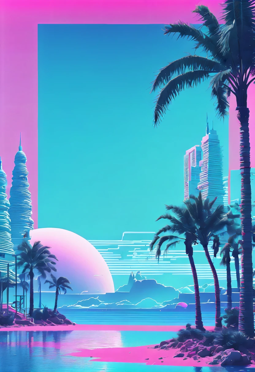 (vaporwave aesthetics:1.8)，futuristic city, English title，fantasy, matrix, desert, ocean, Chinese pavilions,Retro 70s screen close-up,coconut tree,24th century,Strong psychedelic colors and retro-future decadence,distressed and stylized, illusory、Collage、No order，dystopian、Lo-Fi、