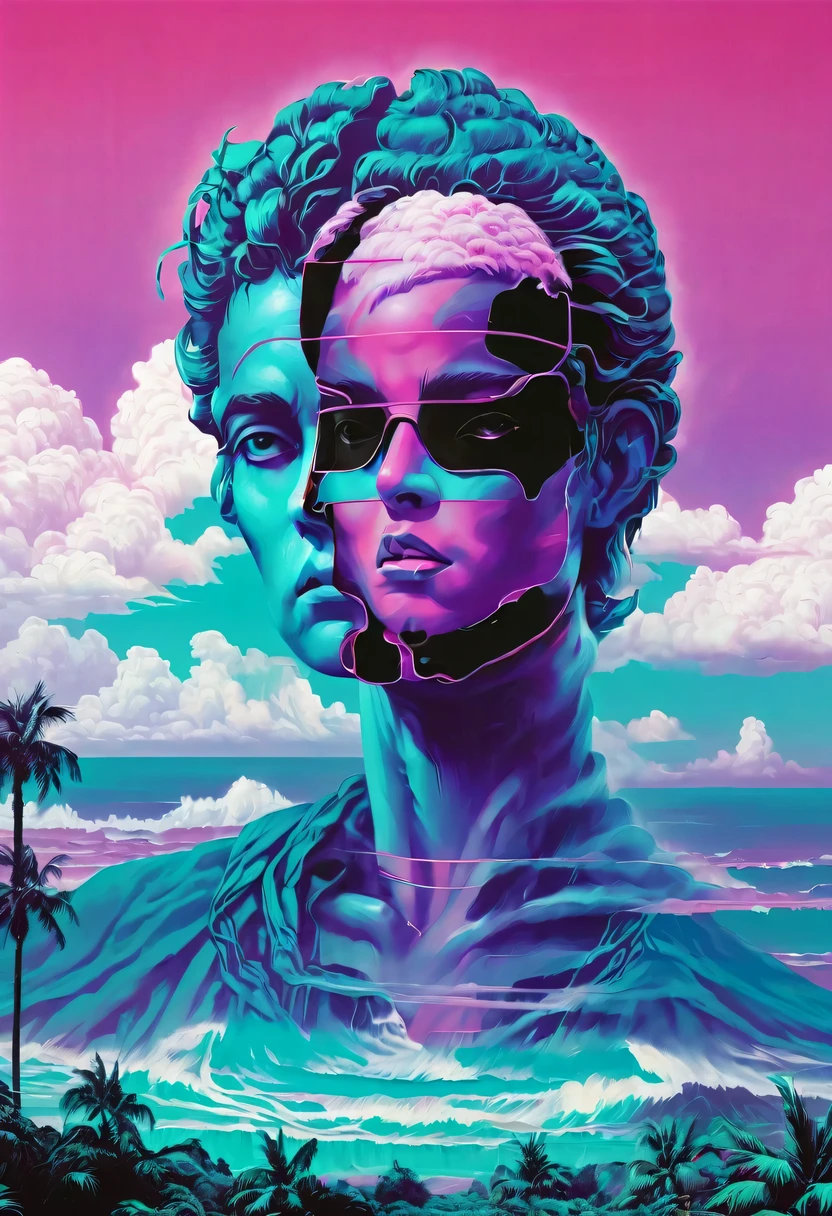 (vaporwave aesthetics:1.8)，futuristic city, English title，fantasy, matrix, desert, ocean, Chinese pavilions,Retro 70s screen close-up,coconut tree,24th century,Strong psychedelic colors and retro-future decadence,distressed and stylized, illusory、Collage、No order，dystopian、Lo-Fi、