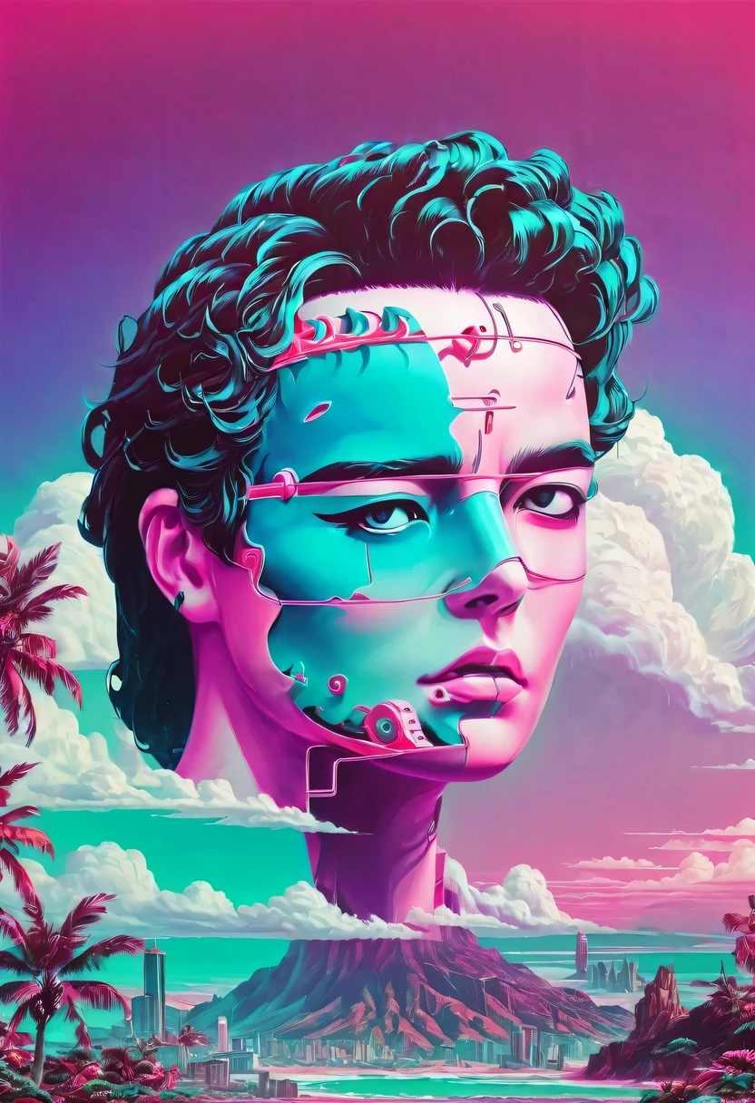 vaporwave grotesque aesthetic,High saturation color,David bust sculpture head and body separated,  double contact, Commodity Ocean News,High saturation color,futuristic city, English title，fantasy, matrix, desert, ocean, china,Retro screen close-up,coconut tree,24th century,Strong psychedelic colors and retro-future decadence,distressed and stylized, illusory、Collage、No order，dystopian、lo-fi、sample fusion jazigital、chip tune、Fault art、futuristic、High quality、dematerialized art、retro tech、Surrealism,vaporwave nostalgia, very vaporwave, maximalist vaporwave, vaporwave, vaporwave!, vaporwave aesthetics, cyberpunk vaporwave, 90s aesthetic, vaporwave art, 90s aesthetic, 90's aesthetic, hip hop vaporwave, vaporwave aesthetic, vaporwave cartoon,