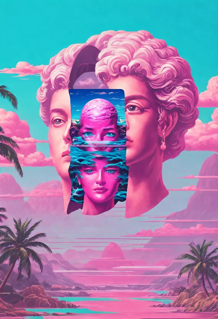 vaporwave grotesque aesthetic,High saturation color,David bust sculpture head and body separated,  double contact, Commodity Ocean News,High saturation color,futuristic city, English title，fantasy, matrix, desert, ocean, pyramid,Retro screen close-up,coconut tree,24th century,Strong psychedelic colors and retro-future decadence,distressed and stylized, illusory、Collage、No order，dystopian、lo-fi、sample fusion jazigital、chip tune、Fault art、futuristic、High quality、dematerialized art、retro tech、Surrealism,vaporwave nostalgia, very vaporwave, maximalist vaporwave, vaporwave, vaporwave!, vaporwave aesthetics, cyberpunk vaporwave, 90s aesthetic, vaporwave art, 90s aesthetic, 90's aesthetic, hip hop vaporwave, vaporwave aesthetic, vaporwave cartoon,