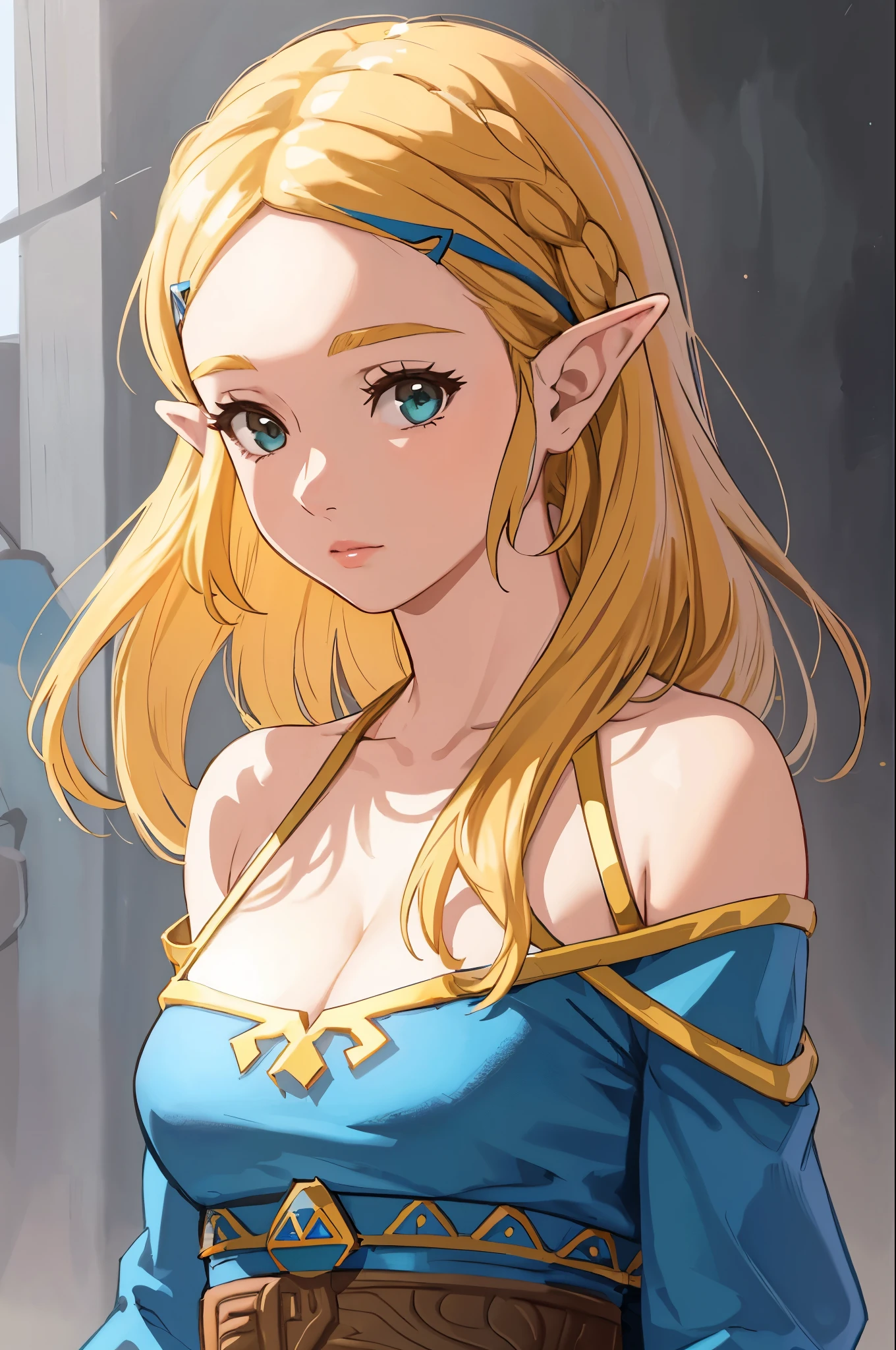 The Legend of Zelda Costume，cleavage，Off the shoulder dress，blond，Upper body close-up
(best quality, masterpiece, original photo,Super detailed:1.2), 1 girl,alone,looking at the audience,  