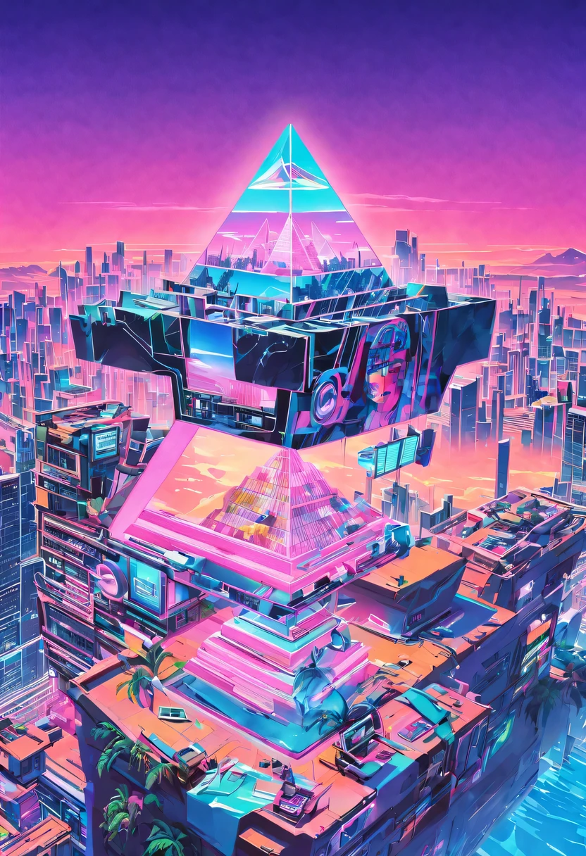 vaporwave头部和身体分开, David sculpture interior, double contact, 商品ocean报,cyberpunk city in background, Ink punk, Colorful neon lights，futuristic city, English title，fantasy, matrix, desert, ocean, pyramid,Screen close-up,coconut tree, 24th century,Strong psychedelic colors and retro-future decadence,distressed and stylized, illusory、Collage、No order，dystopian、Lo-Fi、sample fusion jazigital、chiptune、Fault art、futuristic、High quality、dematerialized art、retro tech、Surrealism,vaporwave nostalgia, very vaporwave, maximalist vaporwave, vaporwave, vaporwave!, vaporwave aesthetics, cyberpunk vaporwave, 90s aesthetic, vaporwave art, 90s aesthetic, 90's aesthetic, hip hop vaporwave, vaporwave aesthetic, vaporwave cartoon,