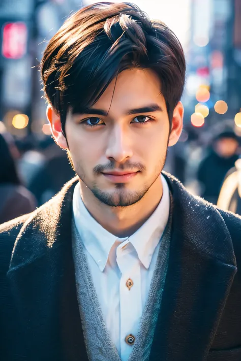 Photorealistic,8K full body portrait,a handsome,25-year-old man,a charming expression,detailed face details,TOKYOcty,Winters,Shibuya,background