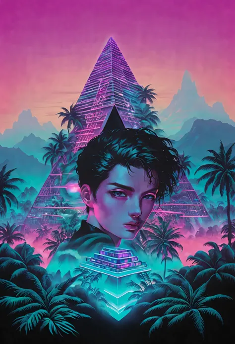 vaporwave头部和身体分开, Sculpture interior, double contact, cyberpunk city in background, Ink punk, Colorful neon lights，futuristic ci...