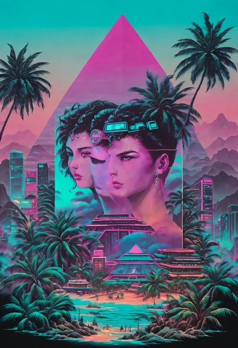 vaporwave头部和身体分开, sculpture interior, double contact, cyberpunk city in background, ink punk, colorful neon lights，futuristic ci...