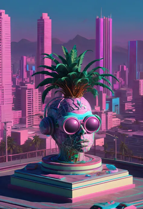 The head and body are separate, Sculpture interior,  double contact, cyberpunk city in background, Ink punk, Colorful neon light...