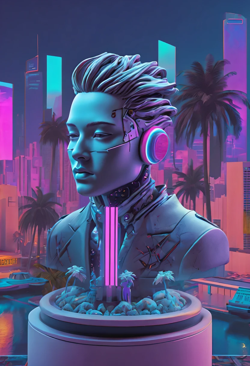 Kopf und Körper sind getrennt, Skulptur Interieur, Cyberpunk-Stadt im Hintergrund, Ink punk, Doppelkontakt, Bunte Neonlichter，Futuristische Stadt, Fantasie, MATRIX, Wüste, Ozean, Pyramide， Kokosnussbaum, 24. Jahrhundert, Dampfwelle nostalgia, very Dampfwelle, maximalist Dampfwelle, Dampfwelle, Dampfwelle!, Dampfwelle aesthetics, cyberpunk Dampfwelle, Ästhetik der 90er, Dampfwelle art, Ästhetik der 90er, 90er-Jahre-Ästhetik, hip hop Dampfwelle, Dampfwelle aesthetic, Dampfwelle cartoon, hochauflösende Texturen,Alle Arten (Meisterwerk:1.2), beste Qualität, (Super detailliert, Am ausführlichsten:1.2),