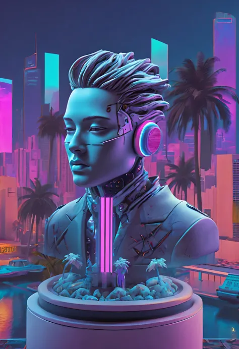 The head and body are separate, Sculpture interior, cyberpunk city in background, Ink punk, double contact, Colorful neon lights...