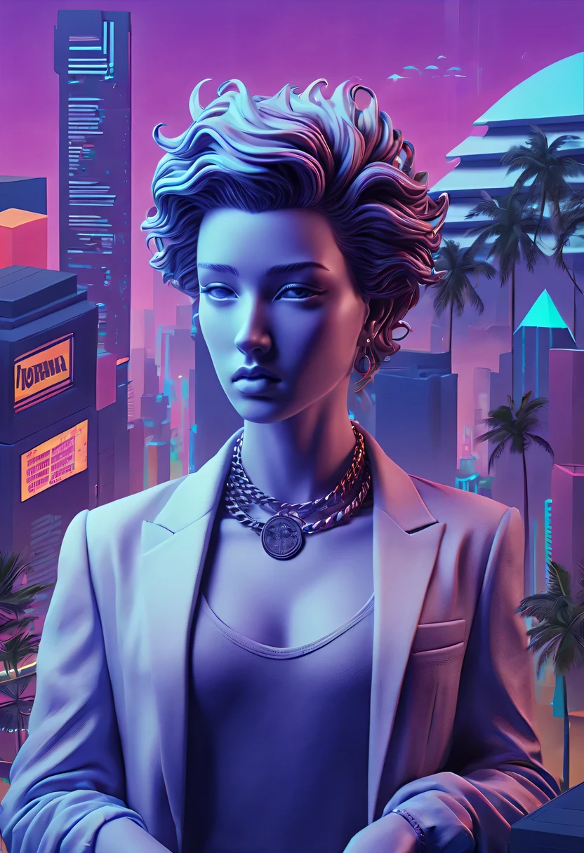 The head and body are separate, Sculpture interior, cyberpunk city in background, Ink punk, double contact, Colorful neon lights，futuristic city, fantasy, matrix, desert, ocean, pyramid， coconut tree, 24th century, vaporwave nostalgia, very vaporwave, maximalist vaporwave, vaporwave, vaporwave!, vaporwave aesthetics, cyberpunk vaporwave, 90s aesthetic, vaporwave art, 90s aesthetic, 90's aesthetic, hip hop vaporwave, vaporwave aesthetic, vaporwave cartoon, High resolution textures,All sorts (masterpiece:1.2), best quality, (super detailed, most detailed:1.2),