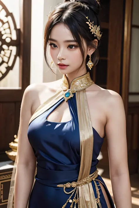 realistic, Changing the style of the blue-gold Thai dress, Create the image of a beautiful Thai queen with beautiful eyes., Deta...