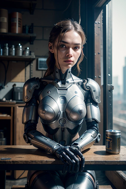 Cyborg, mechanical body, mechanical arms and legs, old armor, sitting on a workbench in an old workshop, cyberpunk, eye contact, looking at viewer, masterpiece, best quality, perfect detail, perfect face detail, perfect eye detail, perfect skin detail, depth  sharpness, perfect lighting