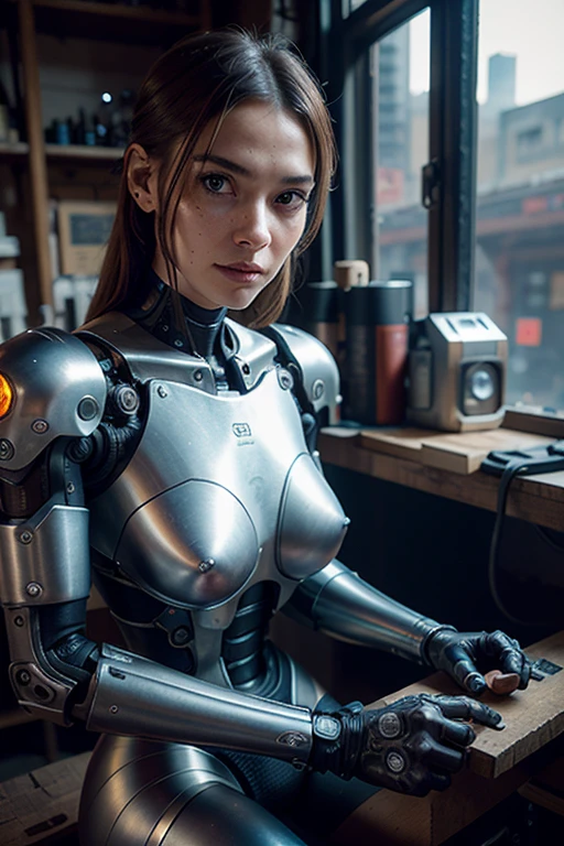 Cyborg, mechanical body, mechanical arms and legs, old armor, sitting on a workbench in an old workshop, cyberpunk, eye contact, looking at viewer, masterpiece, best quality, perfect detail, perfect face detail, perfect eye detail, perfect skin detail, depth  sharpness, perfect lighting