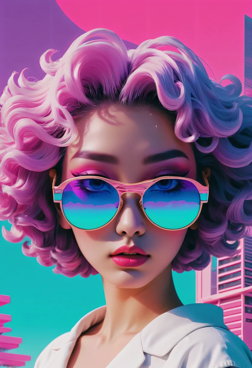 A woman with pink hair and sunglasses in front of a city - SeaArt AI