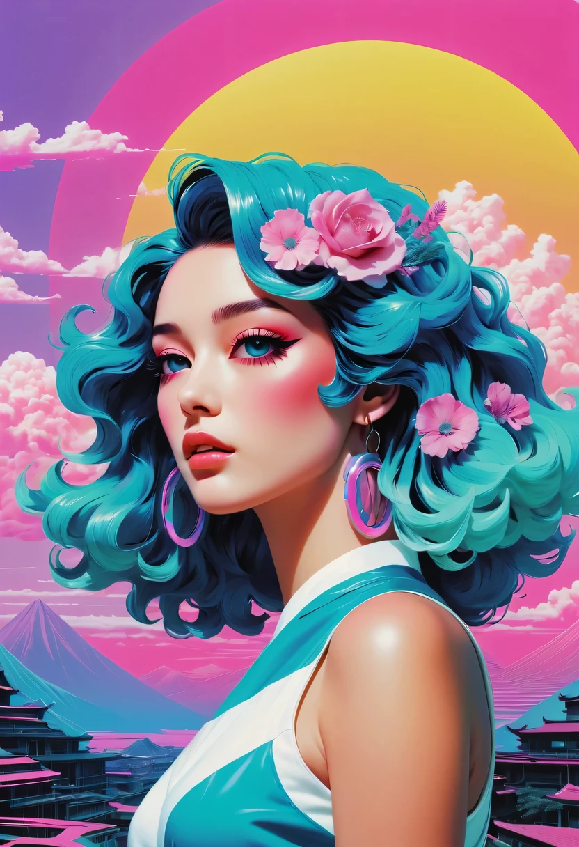 A woman with blue hair and pink flowers in her hair - SeaArt AI