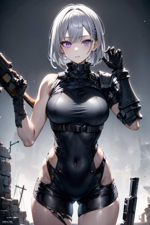 apocalipsis, Fondo de ciudad en ruinas, Iluminación perfecta, tema gris dominante, cabello plateado y ojos morados, 1 chica, cara madura, sosteniendo un rifle de 9 mm, vestido con chaleco militar y blindado, curvas perfectas del cuerpo delgado, calidad 8k, calidad perfecta, resolución perfecta, 