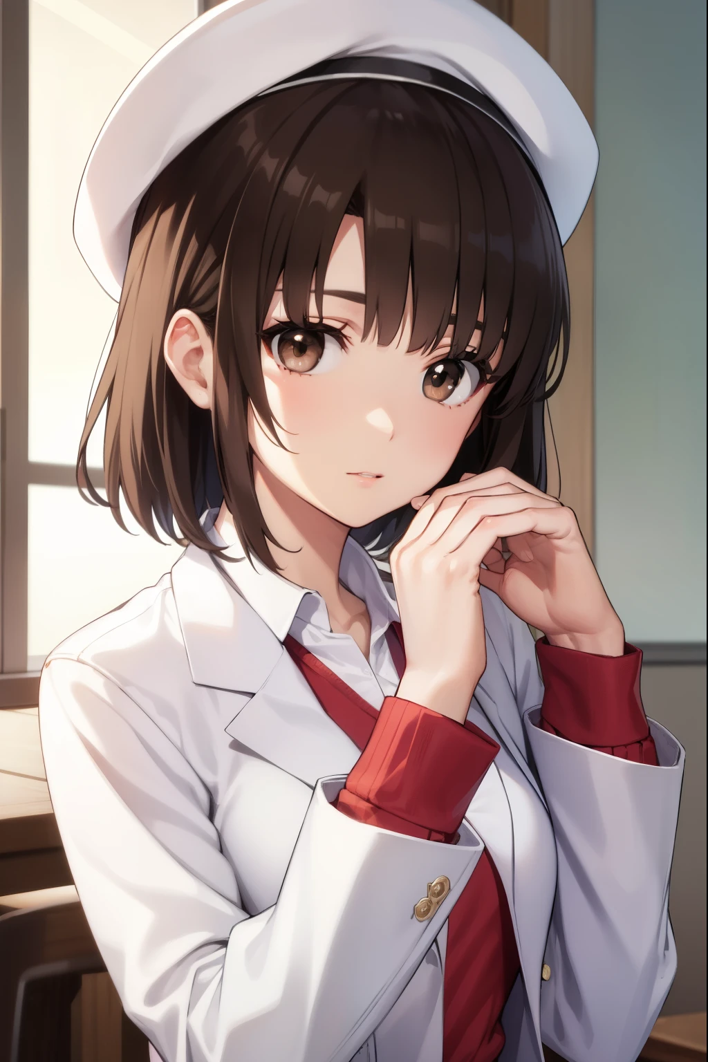 katoumegumi, megumi katou, brown hair, short hair, (brown eyes:1.7), 
BREAK hat, jacket, long sleeves, thighhighs, white headwear, white thighhighs, dress, white dress, (red jacket:1.5), (white hat:1.5), open cardigan, open clothes,
BREAK looking at viewer,
BREAK indoors, classroom,
BREAK (masterpiece:1.2), best quality, high resolution, unity 8k wallpaper, (illustration:0.8), (beautiful detailed eyes:1.6), extremely detailed face, perfect lighting, extremely detailed CG, (perfect hands, perfect anatomy),