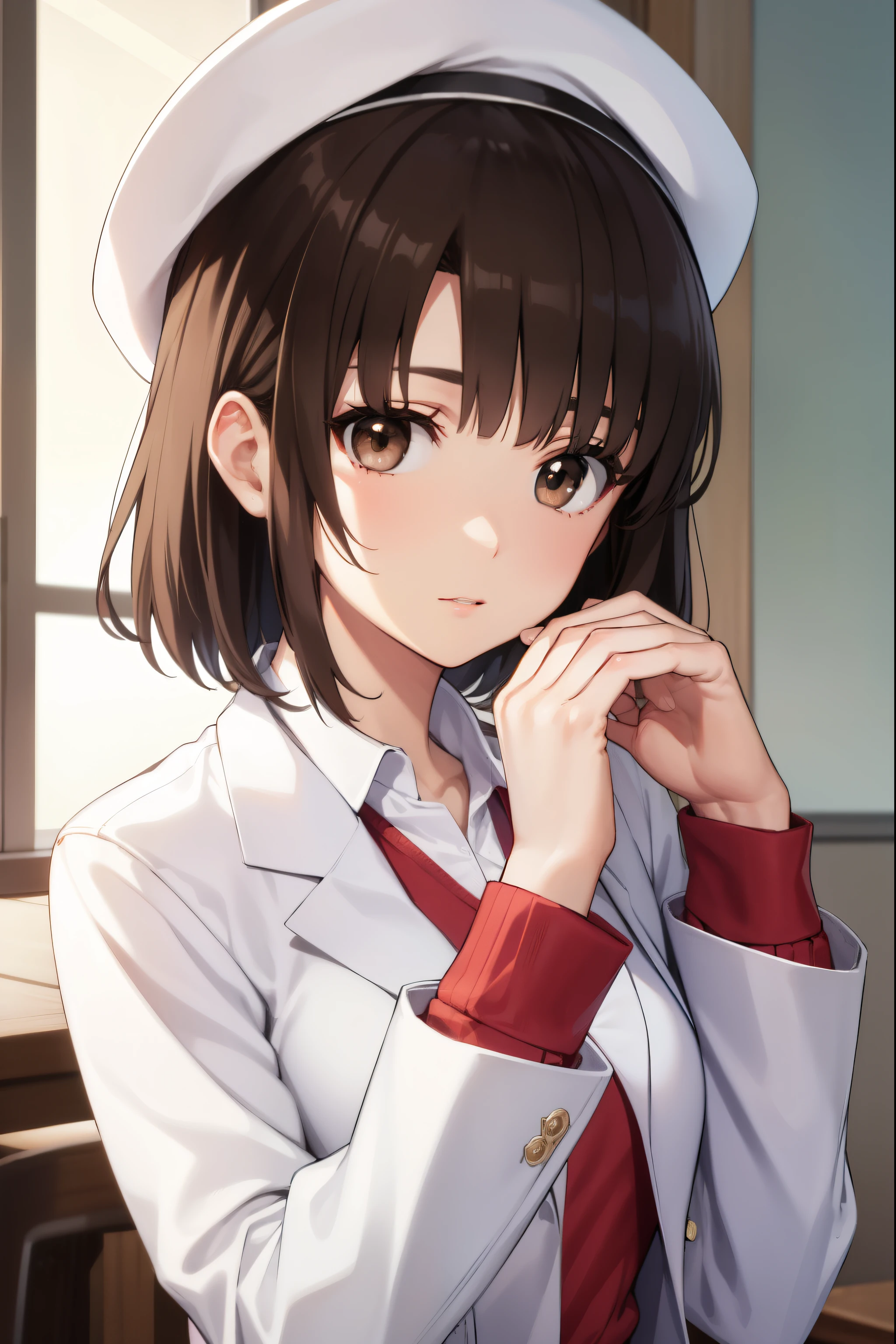 Katoumegumi, Megumi Katou, cheveux bruns, Cheveux courts, (yeux marrons:1.7), 
casser hat, veste, manches longues, hauts de cuisse, couvre-chef blanc, white hauts de cuisse, robe, white robe, (red veste:1.5), (chapeau blanc:1.5), gilet ouvert, vêtements ouverts,
casser looking at viewer,
casser indoors, Salle de classe,
casser (chef-d&#39;œuvre:1.2), Meilleure qualité, haute résolution, unité 8k fond d&#39;écran, (illustration:0.8), (Beaux yeux détaillés:1.6), visage extrêmement détaillé, éclairage parfait, CG extrêmement détaillé, (des mains parfaites, Anatomie parfaite),