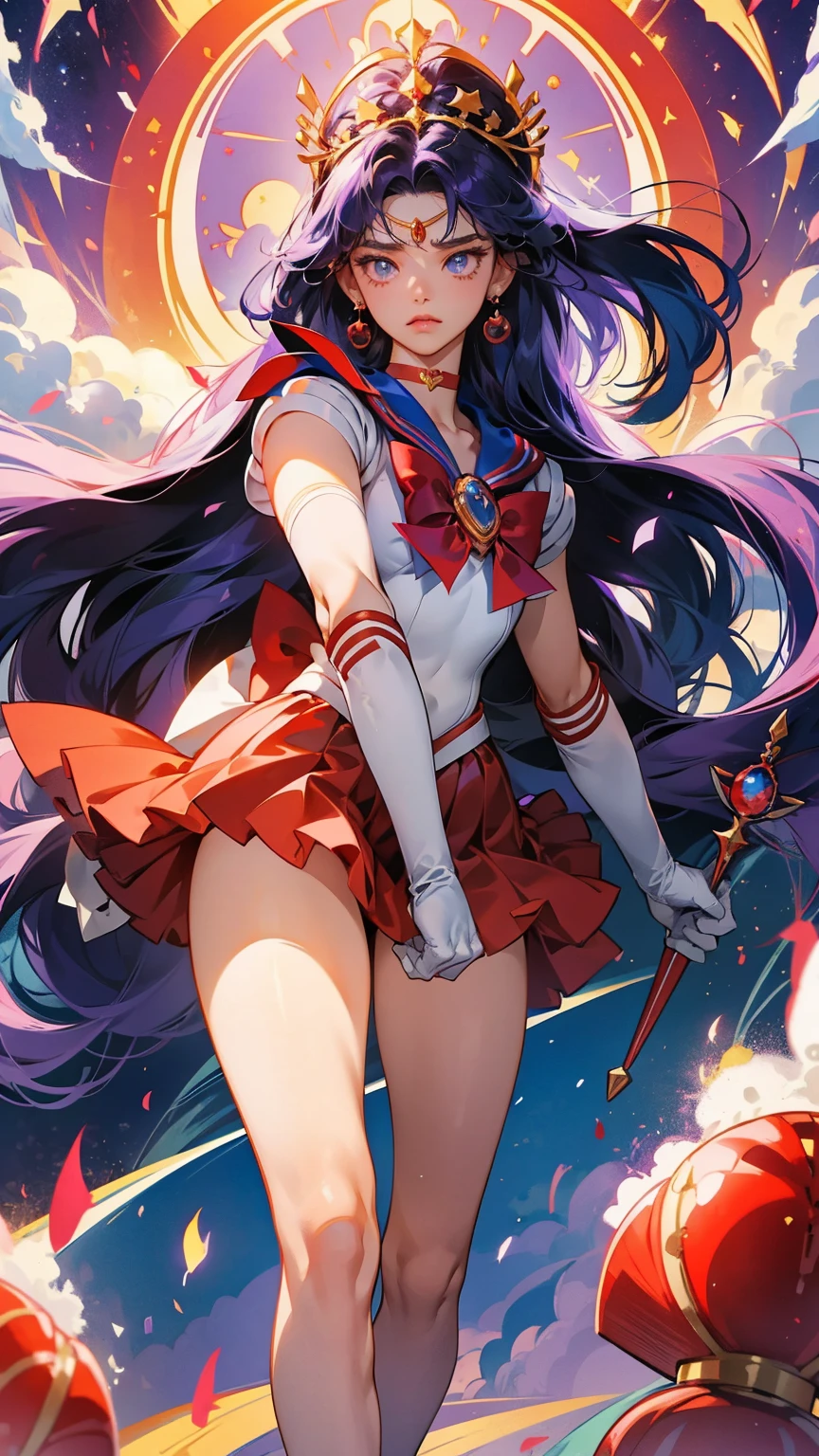 outfit1 sama1, tiara, sailor senshi uniform, white gloves, red sailor collar, red skirt, star choker, elbow gloves, pleated skirt, bare legs, purple bow,sailor mars, "Visually depict the powerful Sailor Mars with her scarlet red uniform, flowing hair and a violet ribbon, standing out as the reincarnation of one of the eight guardians of the Silver Millennium. The image should highlight her unique abilities, such as fire reading and her psychic powers, which make her an imposing and mystical figure in the Sailor Moon universe."