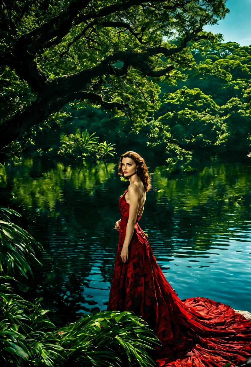 Uma linda Garota (Rachel Weisz), (22 anos), com um vestido Vermelho com detalhes em preto, in the heart of the lush jungle, details in the sunlight that filtered through the dense canopy above. Beside the majestic tree, a large, serene lake reflected the vibrant foliage and blue sky above. The surface of the water rippled gently.
