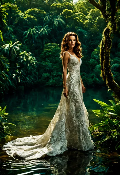 uma linda garota (kate beckinsale), (28 anos), com um vestido marrom com detalhes em branco, in the heart of the lush jungle, de...