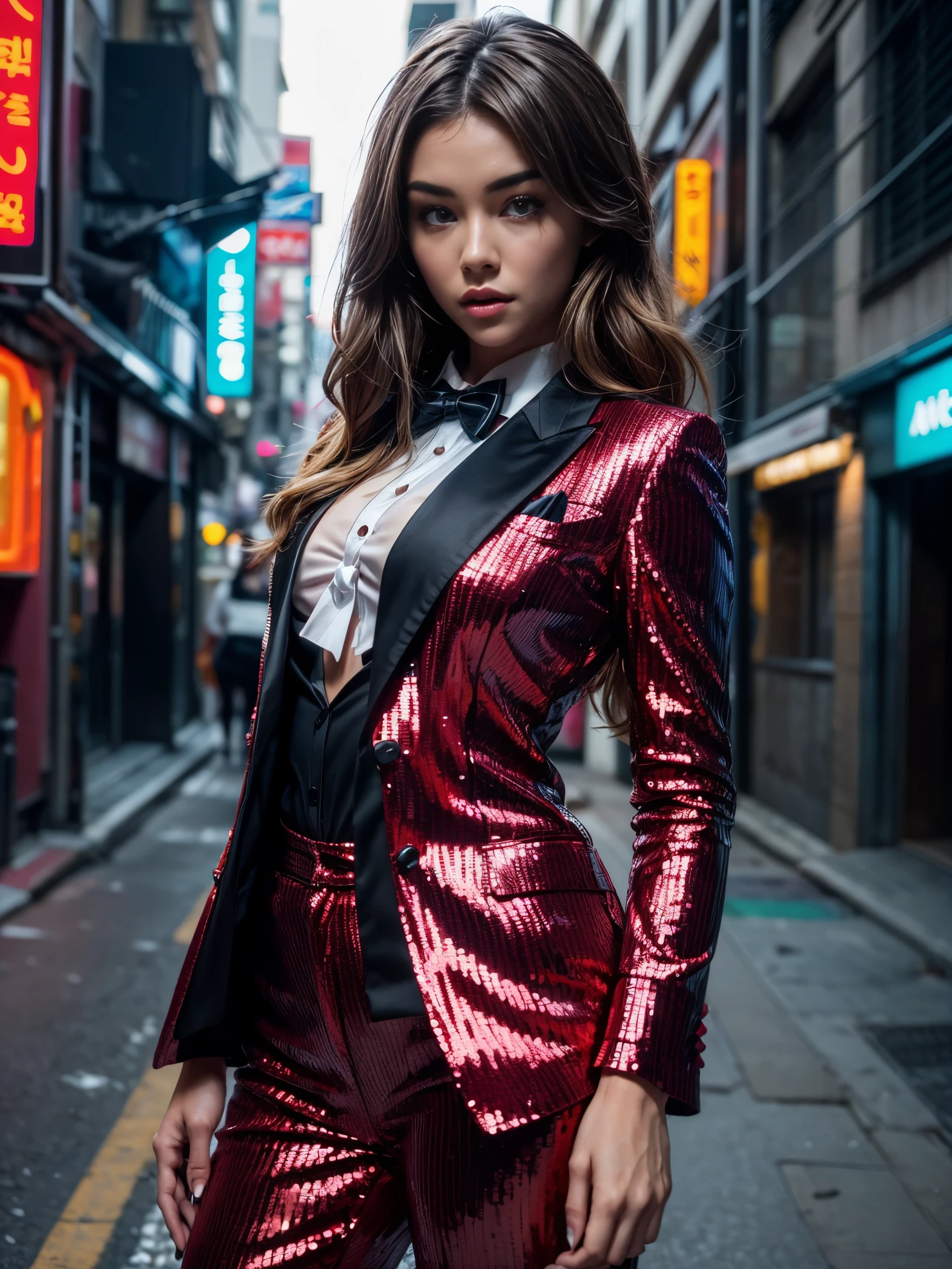 gorgeous woman (Madison Beer) with long wavy brown hair (wearing a red sequin tuxedo suit:1.15), ((white bowtie:1.14)), gorgeous eyes, slim body, seductive, sexy, perfect make-up, cinematic, realistic, high contrast, visually rich, photogenic, flirty, HDR, UHD, dynamic pose, lone ally in Seoul, Cyberpunk City from the science fiction film, rua vazia, Coreano, Sinais coreanos, intrincado, alta qualidade, ultra detalhe, Detalhe louco, 8k,luzes neon green