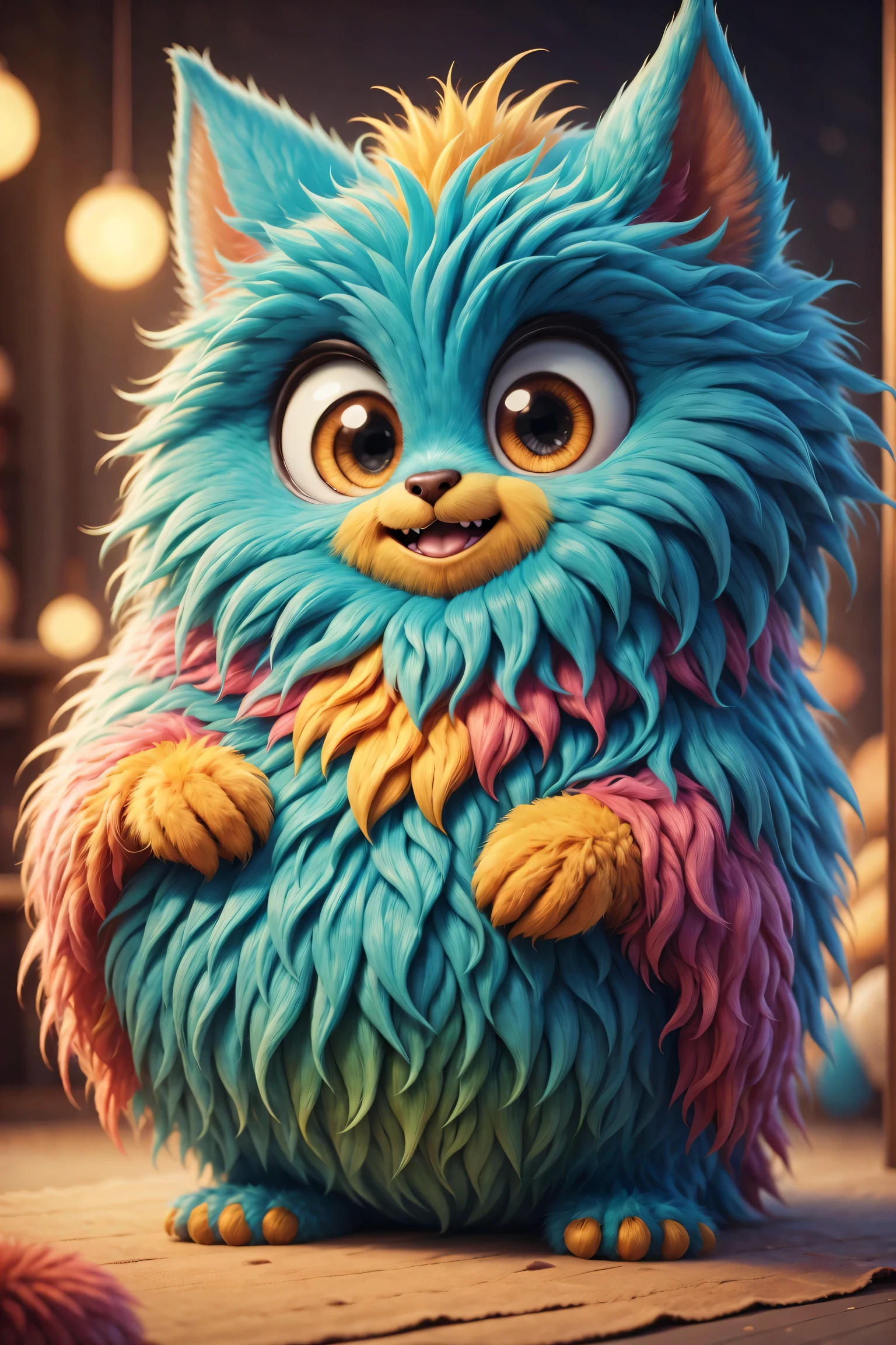 （best quality），Super fine，lifelike，3d rendering，Cute furry monster，cute eyes，cartoonish style，colorful fur，mischievous expression，Soft texture，Fantasy creatures，Bright and vibrant colors，warm light，