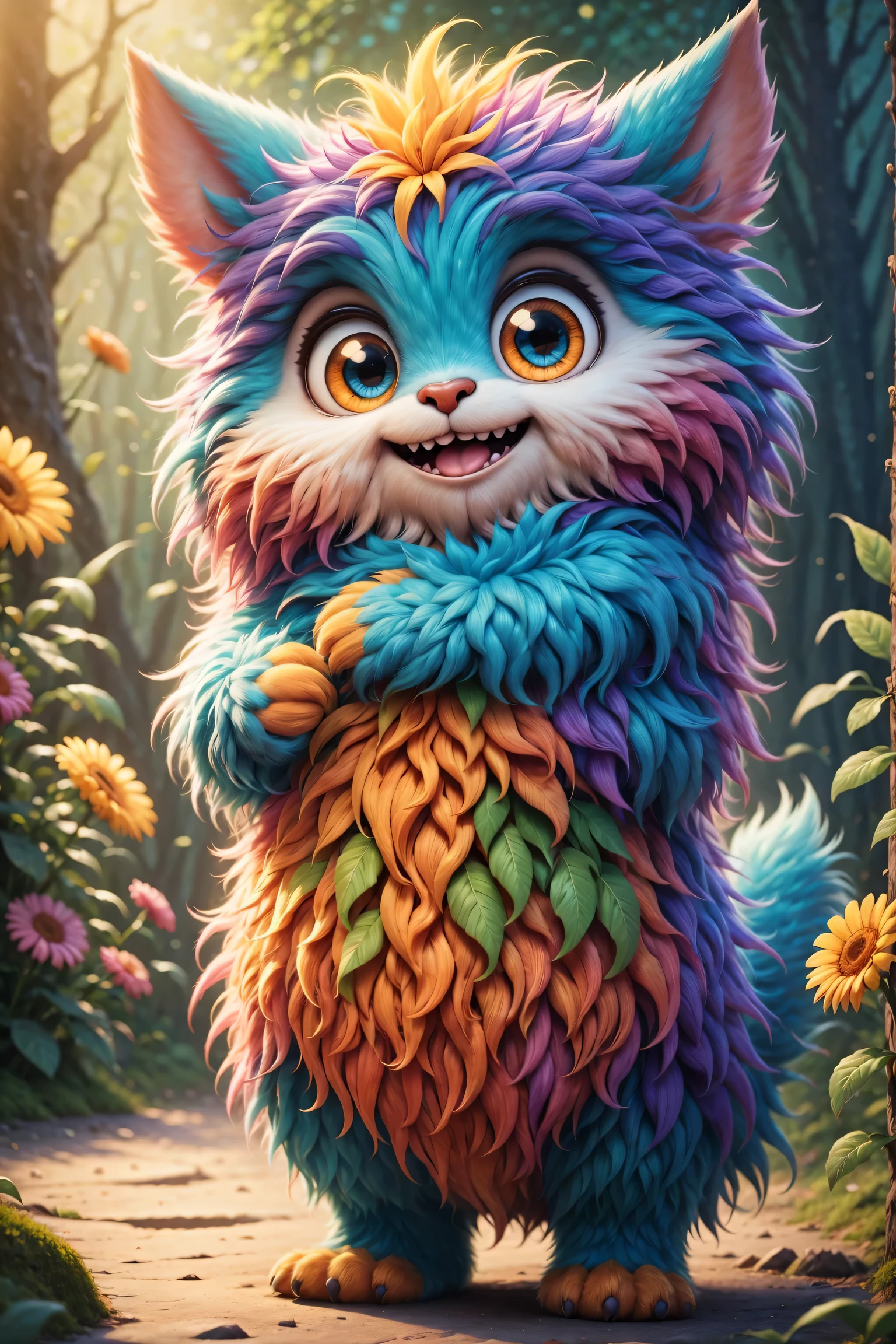 （best quality），Super fine，lifelike，3d rendering，Cute furry monster，cute eyes，cartoonish style，colorful fur，mischievous expression，Soft texture，Fantasy creatures，Bright and vibrant colors，warm light，
