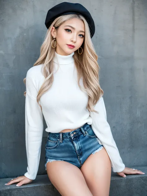 very beautiful asian girl,alone,mature girl,路上でalone,white turtleneck long sleeve sweater,denim short,shiny black ocean hat(very...