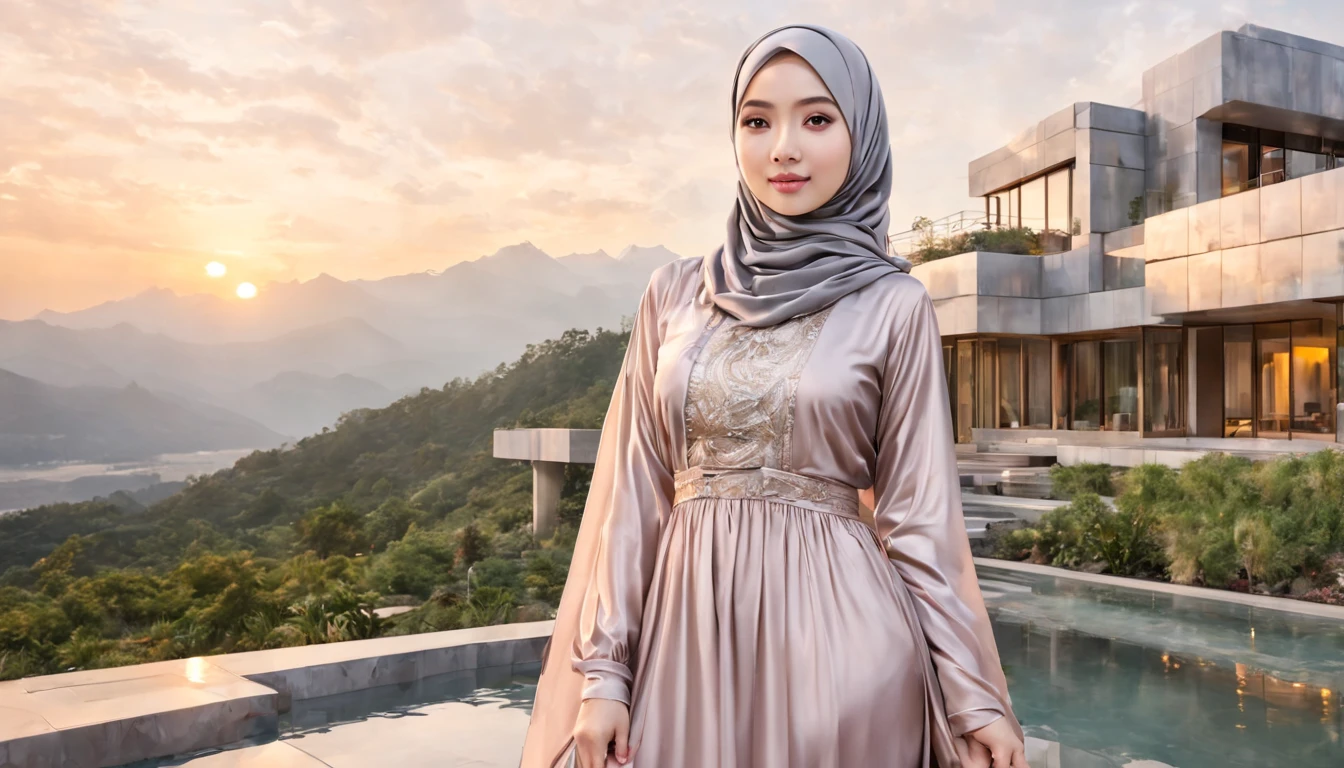 a woman, Asian girl, wear hijab and long dress, sunset color palette, hijabdress, standing in front modern sci-fi house build from gold and silver, fairy waterfall and mountain scene, masterpiece, realistic