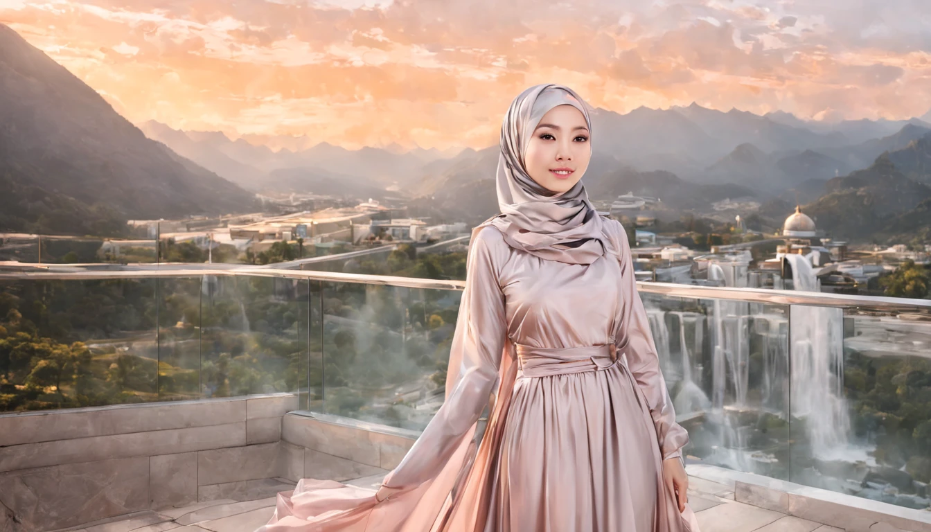a woman, Asian girl, wear hijab and long dress, sunset color palette, hijabdress, standing in front modern sci-fi house build from gold and silver, fairy waterfall and mountain scene, masterpiece, realistic