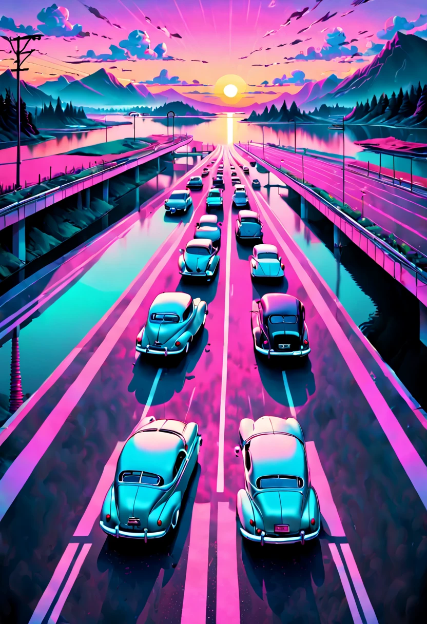 Vaporwave-Ästhetik, perfekt symmetrisches Linienraster im Himmel, Neon and pastel color palette, nostalgische Traumlandschaft, Sonnenuntergang im Hintergrund, Straße parallel zu einem Flussufer, Autos aus den 40er Jahren auf der Straße, minimalistisches Kunstdesign, Extrem detailliert, 8K-Auflösung, isometrisch