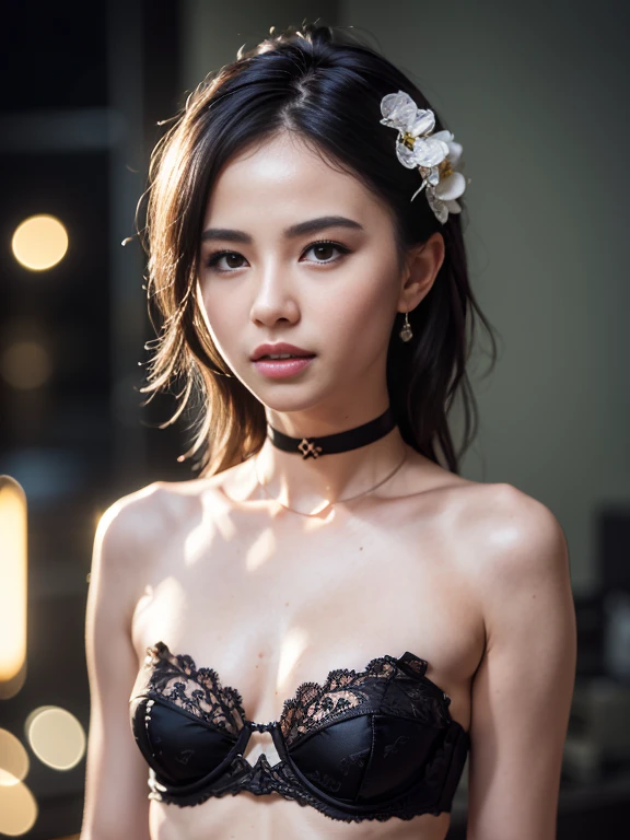 best quality，tmasterpiece，A high resolution，1girl，White Lace floral strapless bra set，hair adornments，choker necklace，jewelry，beautiful  face，Dark glossy lipstick，Physically，dingdall effect，realisticlying，dark studio，edge lit，twotonelighting，（highdetailskin：1.2），8k uhd， dslr, softlighting, high high quality, volumettic light, sneak shot, photore, A high resolution, 4k, 8k, Background bokeh, small and firm breast