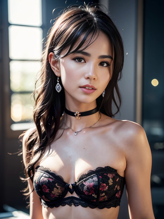 best quality，tmasterpiece，A high resolution，1girl, Lace floral strapless bra set，hair adornments，choker necklace，jewelry，beautiful  face，Dark glossy lipstick，Physically，dingdall effect，realisticlying，dark studio，edge lit，twotonelighting，（highdetailskin：1.2），8k uhd， dslr, softlighting, high high quality, volumettic light, sneak shot, photore, A high resolution, 4k, 8k, Background bokeh, small and firm breast